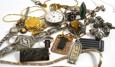 Lot 90 - A Russian tigers eye and enamel brooch, a Russian silver gilt pendant necklace with hardstone and a