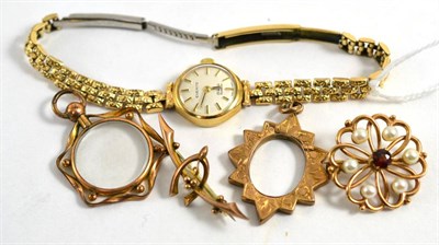 Lot 102 - Everite watch, a wishbone brooch a garnet and cultured pearl brooch and two lockets