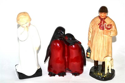 Lot 119 - Royal Doulton figures, Darling, HN1319 and Shepherd, HN1975 together with a flambe group of two...