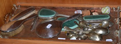 Lot 142 - A four piece silver dressing table set, Arts and Crafts copper tray, spoons etc