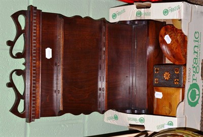 Lot 160 - A mahogany spoon rack, a pokerwork curd box, three small wood boxes (5)