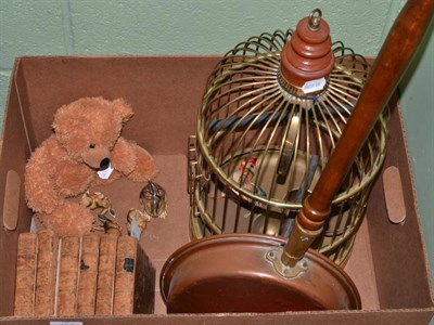 Lot 162 - Brass bird cage, copper warming pan, Steiff teddy bear, a graduated set of four German ceramic...