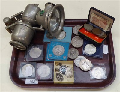 Lot 182 - Mixed lot: carbide lamp, assorted commemorative crowns and other coins and small quantity of...