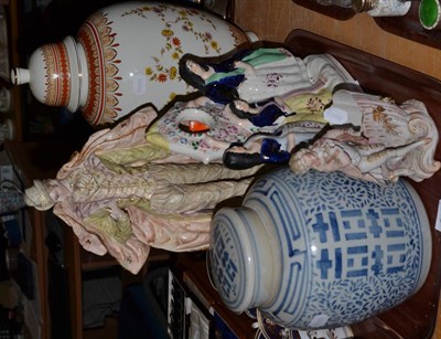 Lot 206 - A Chinese blue and white jar and cover, a Chinese covered vase Staffordshire flat-back figure group