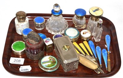 Lot 208 - A group of silver and enamel dressing table items including nail buffer and files, scent...