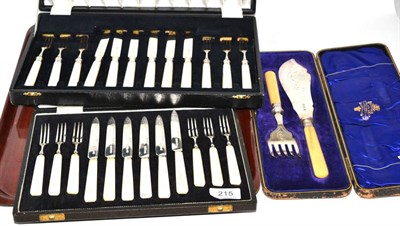 Lot 215 - Two cased sets of silver fruit knives and forks with mother-of-pearl handles and a cased set of...