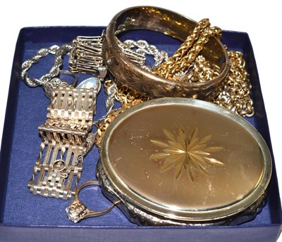 Lot 266 - Two 9ct gold dress rings, musical compact, two silver bracelets, silver bangle etc