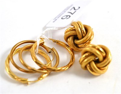 Lot 276 - Three pairs of 9ct gold earrings