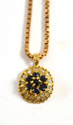 Lot 285 - A 9ct gold sapphire cluster pendant on 9ct gold box chain