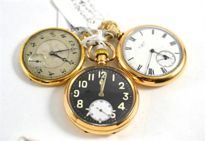 Lot 307 - A gold plated pocket watch with the movement signed Rolex, plated pocket watch signed Elgin and...