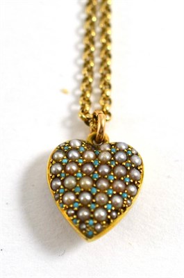 Lot 318 - 9ct gold turquoise and seed pearl set heart pendant, on a 9ct gold chain