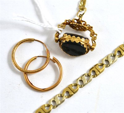 Lot 319 - A hardstone swivel fob on 9ct gold chain, a pair of sleeper earrings and a 9ct gold bracelet (a.f.)