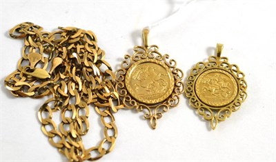 Lot 325 - 9ct gold cubon chain necklace and two 9ct gold imitation sovereign pendants (3)