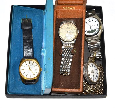 Lot 328 - Omega gentleman's wristwatch, two further gentleman's wristwatches and a silver fob watch with...