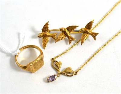 Lot 337 - A 9ct gold signet ring, a 9ct gold amethyst necklace and a bird brooch stamped 9ct (3)