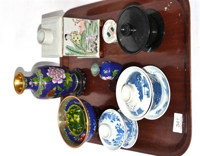 Lot 341 - Four pieces of Cloisonne, a Chinese porcelain vase of square form, small Chinese dish and...