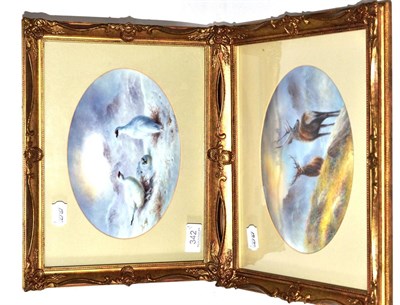 Lot 342 - Pair of oil on porcelain, Ptarmigan and Deer, by M Holloway