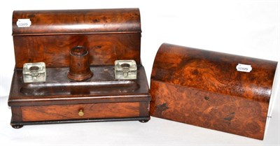 Lot 358 - A burr walnut two division tea caddy and a travelling stationery writing box (2)