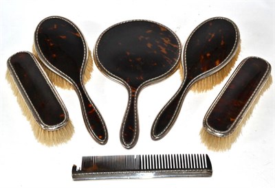 Lot 360 - A six piece silver and tortoiseshell backed dressing table set