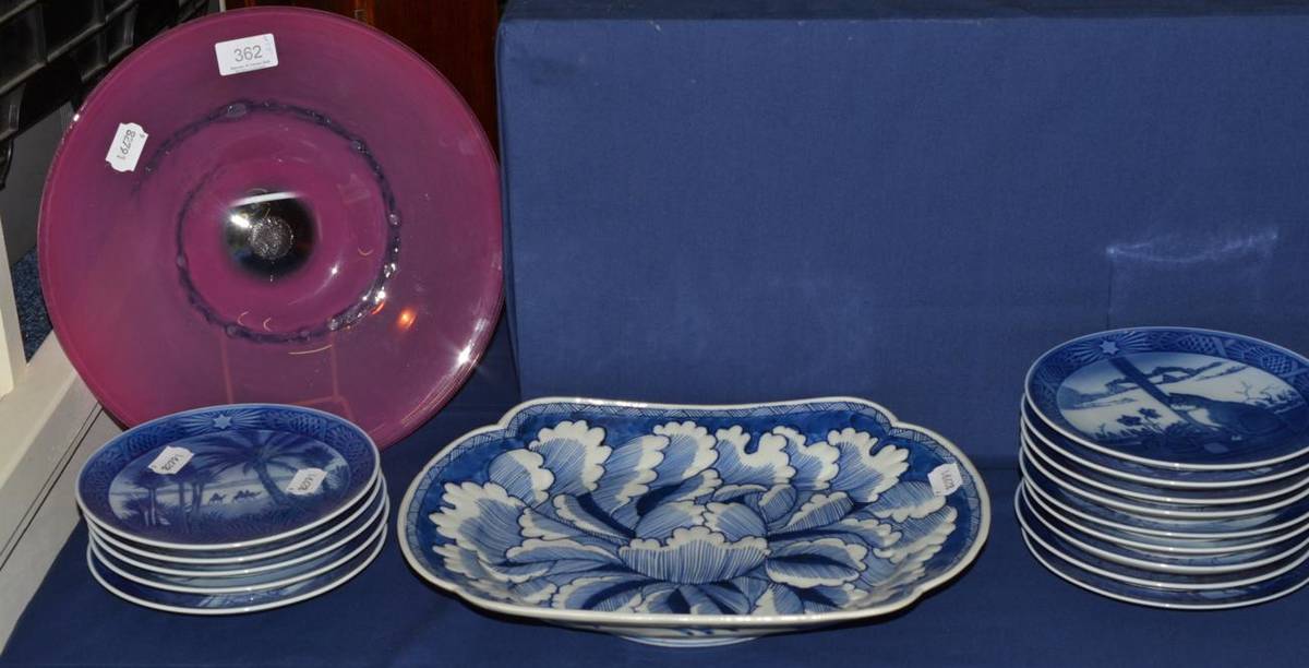 Lot 362 - A Japanese Arita blue and white floral decorated plate within a hatched border (20th century)...