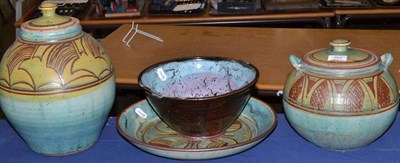 Lot 364 - Four pieces of studio pottery; a bowl, a charger and two covered jars