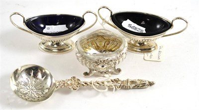 Lot 375 - A Victorian silver gospel straining spoon, pair of silver salts with blue glass liners and...