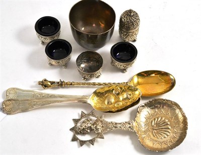 Lot 380 - A Victorian silver gilt Mr Pickwick fruit spoon, a pair of berry spoons, a Dutch fancy spoon, a...