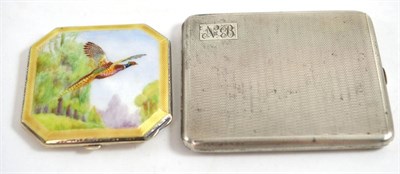 Lot 386 - A silver and enamelled compact, pheasant in flight to lid, by HCD, Birmingham 1937, together with a