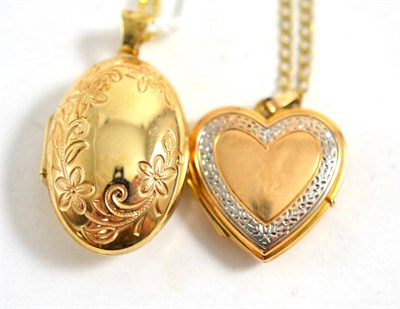 Lot 395 - Two locket pendants on 9ct gold chains (2)