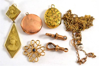 Lot 438 - A small quantity of jewellery including two lockets, a lava cameo earrings converted to a...