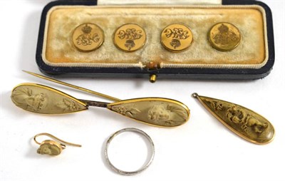 Lot 439 - A cased set of four dress studs together with three pieces of gilt metal mounted lava jewellery and