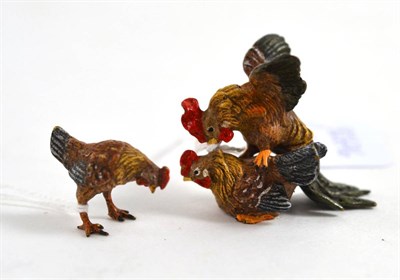 Lot 445 - Two cold painted bronzes of chickens