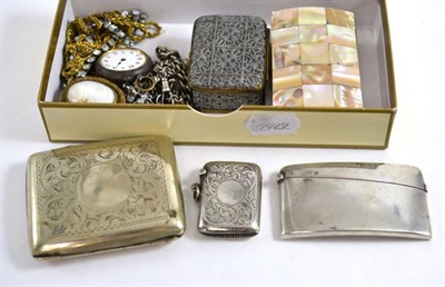 Lot 458 - A gold and amethyst bar brooch, a silver vesta case, a silver card case, a mother of pearl...