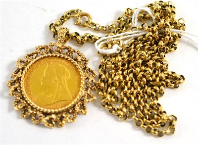 Lot 459 - An 1899 sovereign loose mounted in a 9ct gold pendant mount on a belcher link chain