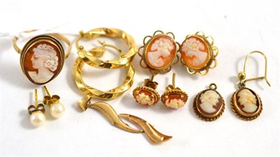 Lot 474 - A 9ct gold cameo ring, three pairs of cameo earrings, a pair of cultured pearl stud earrings, a...