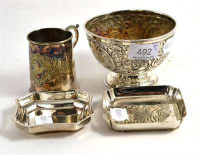 Lot 492 - Two silver dishes, a Victorian silver bowl and a silver christening mug