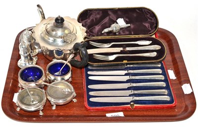 Lot 500 - A group of silver including two pairs of salts, a pair of pepperettes, a small teapot, a cased...