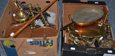 Lot 1054 - Two boxes of brass and copper to include candlestick, pans, easel frames etc, together with...