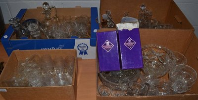 Lot 1059 - Four boxes of cut and pressed glass including decanters, ice plates, rinsers, drinking glasses etc.