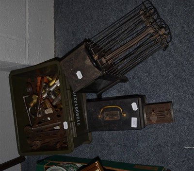 Lot 1061 - Two barometers and box brass pub barrel taps and motorbike spanners etc