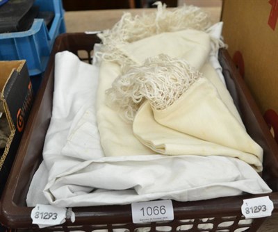 Lot 1066 - Two christening gowns, an embroidered handkerchief, a Victorian nightgown and a shawl