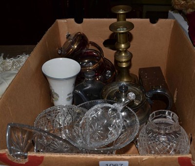 Lot 1067 - A quantity of glass, plated flask, a pair of brass candlesticks, Reed vibrometer case...