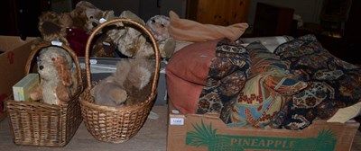 Lot 1068 - Assorted soft toys, modern jointed collectors bears, woolwork and other cushions, black silk...