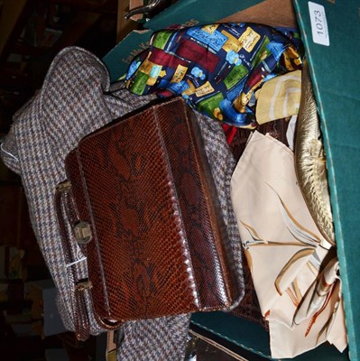 Lot 1073 - Three leather handbags, a pair of Bally gold loafers, Aquascutum checked wool cape with collar...