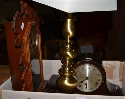 Lot 1078 - American oak cased Gingerbread clock, Westminster chime mantel clock and reproduction brass...