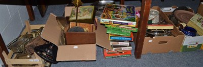 Lot 1086 - Eleven boxes of miscellaneous collectables, barometers, glass wares, coal bucket, games etc