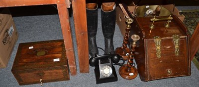 Lot 1088 - Pair of size 5 leather riding boots with trees, Rosewood lap desk, pair of candlesticks, coal...