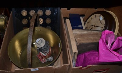 Lot 1089 - Brass jam pan, Jolly Negro mechanical money box, darkroom clock, assorted books, history of...