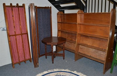 Lot 1125 - A Gothic style oak double sided bookcase, hexagonal occasional table, a mahogany side table,...