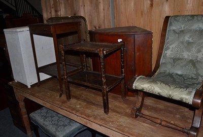 Lot 1134 - A group of furniture including a hall mirror, nursing chair, hanging corner cupboard, small oak two